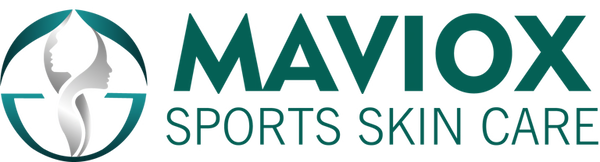 Maviox Sports Skin Care logo with a stylized leaf design on a teal background